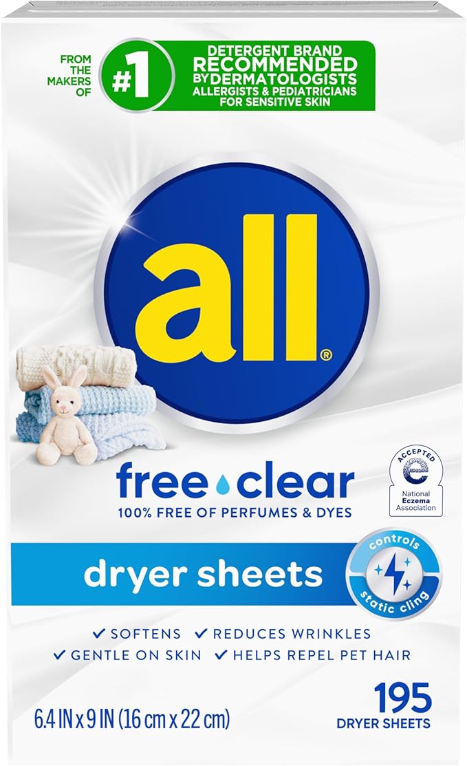 all Fabric Softener Dryer Sheets for Sensitive Skin, Free Clear, 195 Count