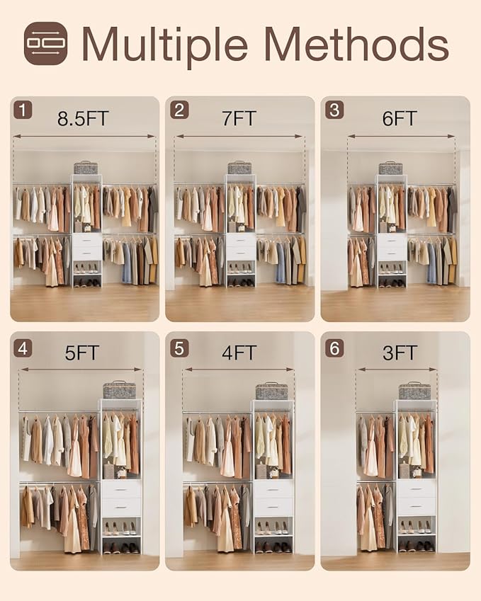 Closet System with Drawer, 5-8FT Closet Organizers System with 5 Adjustable Hanging Rods and Shoe Rack, Heavy Duty Walk in Closet Organizers and Storage with Drawers, White