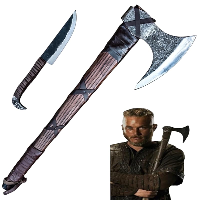[Viking Cutlery] 27'' Viking Ragnar Axe with Free Odin Forged Knife – Gift Set | Authentic Ragnar Lothbrok Axe – Handcrafted Viking Axe for Camping with Leather Sheath | Ideal Gift for Men