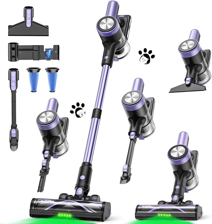 Cordless Vacuum Cleaner, 46Kpa/55 Mins Vacuum Cleaners for Home, Self-Standing Stick Vacuum with Rechargeable Dock,LED Display & Anti-Tangle,Lightweight Rechargeable Vacuum for Carpet (Violet)