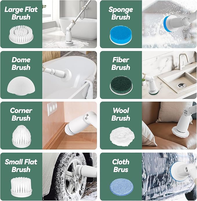 DIAFIELD Electric Spin Scrubber, Cordless Cleaning Brush with 8 Replaceable Brush Heads and Detachable & Adjustable Extension Handle, Dual Speed Shower Scrubber for Cleaning Shower, Tile, Wall, Floor