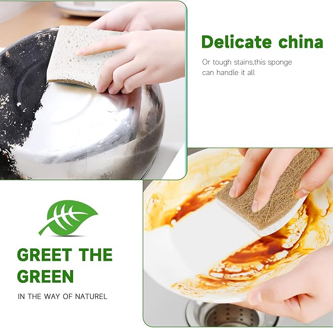 10 Pack Biodegradable Natural Sponges Kitchen - Compostable Cellulose and Coconut Walnut Scrubber Sponge - Non Scratch Eco Friendly Quick Drying Sponges for Dishes