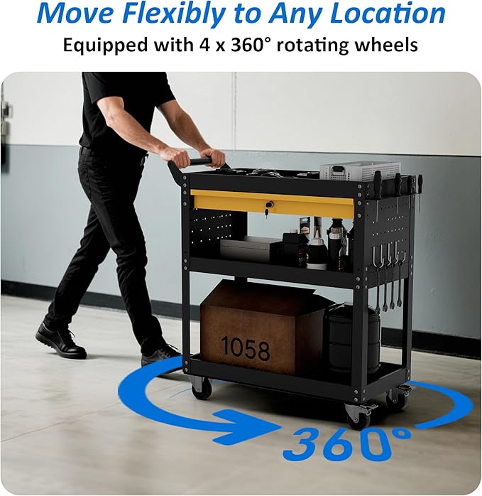 3 Tier Heavy Duty Rolling Tool Cart on Wheels with Drawer & Pegboard, 420Lbs Capacity Mobile Garage Storage Organizer Cart for Mechanics, Workshop