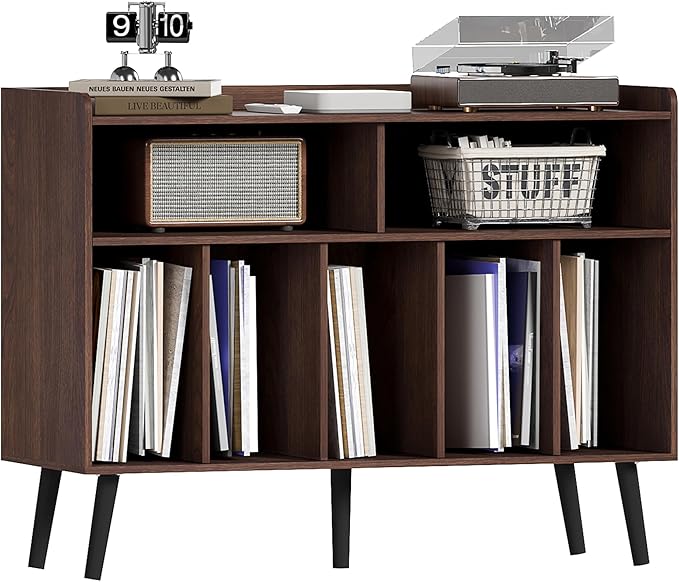 ChooChoo Record Player Stand, Turntable Stand with Vinyl Storage, Record Player Cabinet Up to 350 Albums, Cube Storage Organizer for Living Room, Walnut