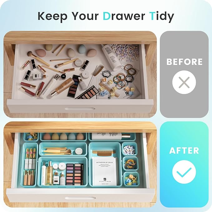 A-LuGei 【28PCS】 Drawer Organizer, Bathroom Organizers and Storage, Makeup organizer, Desk drawer organizer, Storage Bins for Kitchen Office Bedroom Vanity Jewelry Pantry Garage【Black】【4Size】