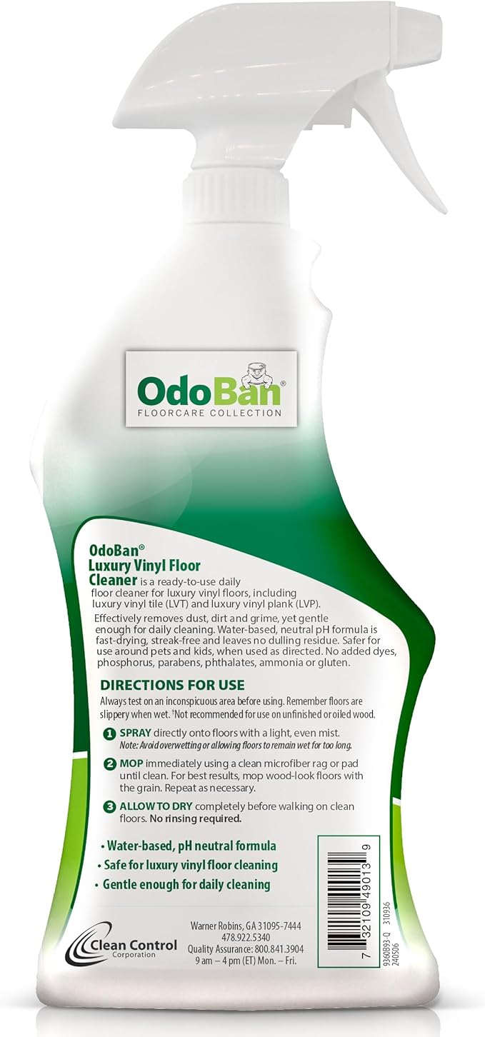 OdoBan Ready-to-Use Luxury Vinyl Floor Cleaner, Streak Free and Neutral PH Formula, Made in the USA, Scentless, 32 Oz Spray 2-Pack