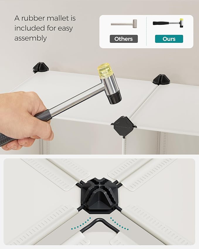 SONGMICS 6 Cube Storage Organizer, Modular Bookshelf, DIY Closet Organizers and Storage, Plastic Stackable Shelves, 11.8 x 11.8 x 11.8 Inch Cubes, with Feet and Rubber Mallet, Cream White ULPC111M01