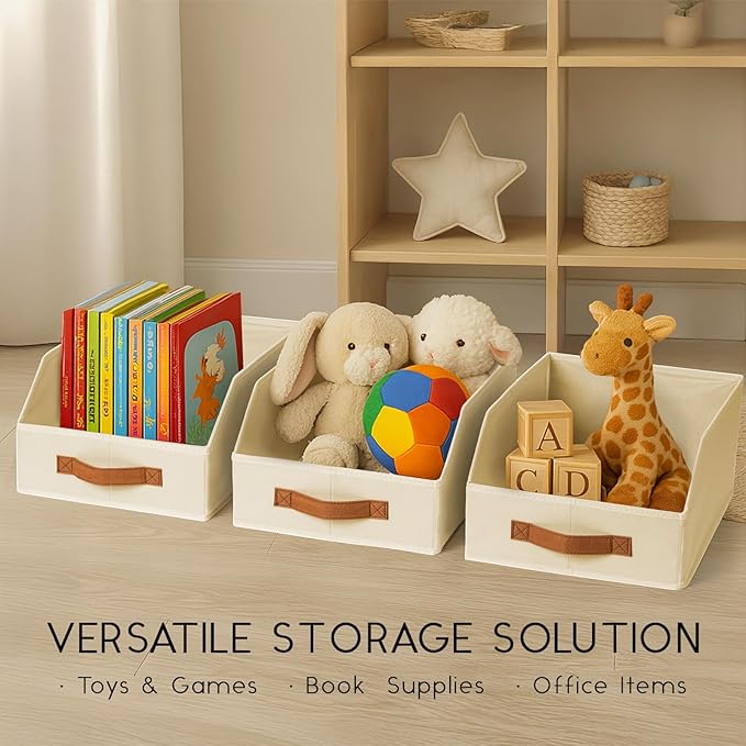 Fabric Storage Bins for Organizing - 4 Pack Large Trapezoid Collapsible Storage Bins with Front Handle, Closet Organizers and Storage for Bedroom, Home Shelves, Small Spaces, Beige