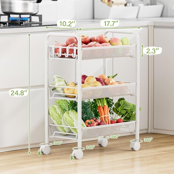 JANE EYRE 3-Tier Rolling Utility Storage Rack Cart on Wheels, Trolley Craft cart, Multi-Purpose Organizer Shelf, White