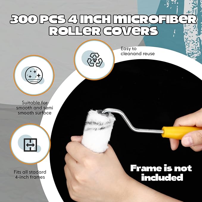 Leumoi 300 Pcs 4 Inch Mini Paint Roller Cover 1/2" Nap Small Microfiber Roller Covers Home Repair Tools House Household Supplies Kit(Gray, White)