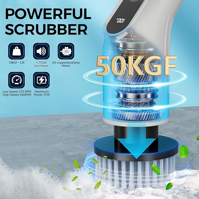 Electric Spin Scrubber, Shower Cleaning Brush with 8 Replaceable Brush Heads, IPX7 Waterproof & 50KGF High-Torque Motor, Adjustable Long Handle, for Bathroom, Kitchen, Tile & Floor Cleaning