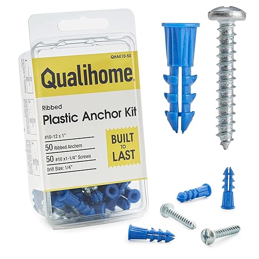 Qualihome Ribbed Plastic Drywall Anchor Kit, Wall Anchors and Screws for Drywall Includes Anchors, & Screws, Mounting Tolls for Decor, Furniture, Shelving (50 Pack, Size: 10-12 x 1")