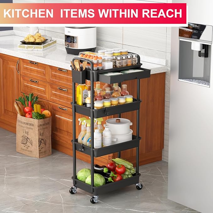 Goovilla 4 Tier Rolling Utility Cart Organizer with Removable Drawer, Stable and Sturdy Black Rolling Storage Carts with 2 Lockable Wheels for Bathroom, Kitchen, Snack, Craft, Makeup, Baby Essentials