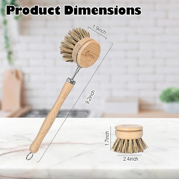 Bamboo Dish Scrubber - Hard Bristles, Natural Dish Brush with Handle, Compostable & Sustainable, Kitchen Scrub Brush for Cleaning Pot Bowl and Sink