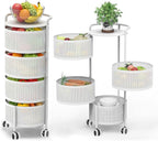 JAQ Rotating Storage Carts No Assembly, 4-Tier Round Storage Basket Rack Shelf Organizer on Rolling Wheels for Fruit Vegetables Grocery Corns Potato Onion Snack in Kitchen Pantry (4-Tier, White)