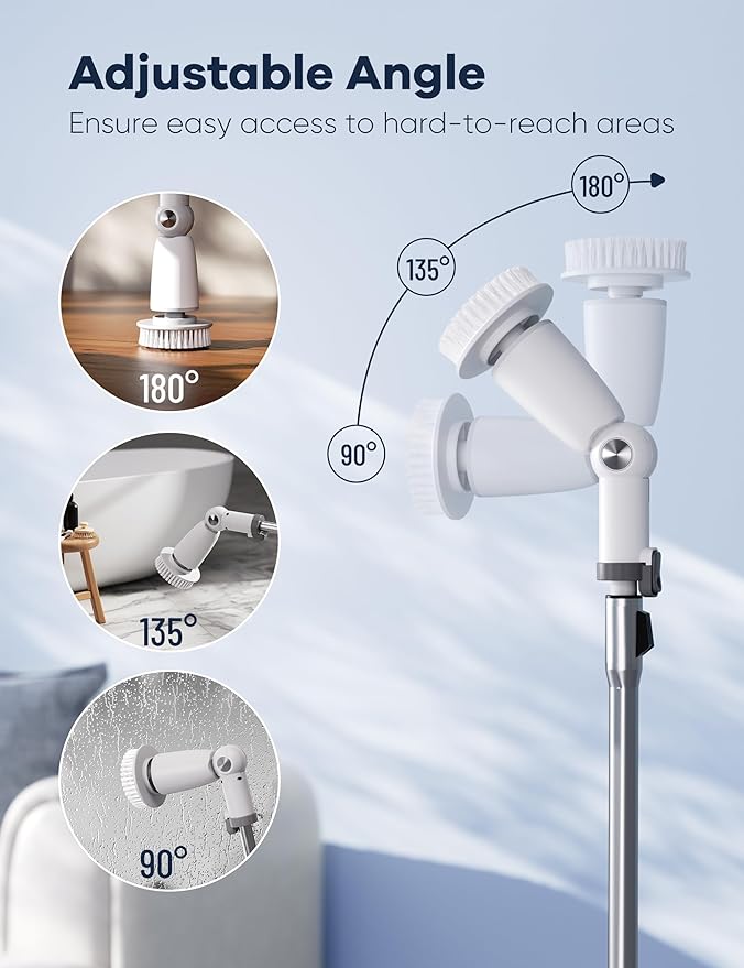 Electric Spin Scrubber,Floor Power Scrubber with Long Handle Dual Speeds,Cleaning Brush Cordless,Shower Scrubber Scrub Brush with 3 Adjustable Angles,8 Brush Heads for Bathroom Tile