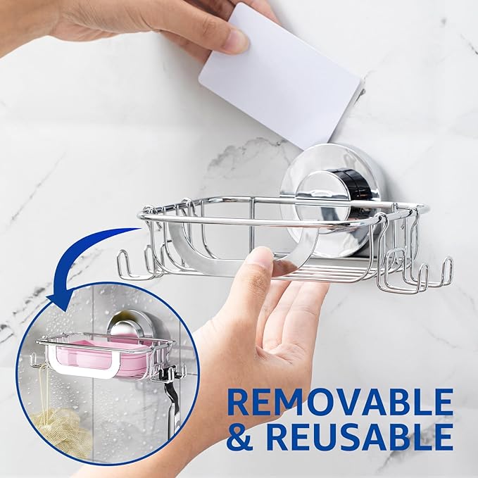 Soap Dish Soap Bar Holder Suction Cup with 4 Hooks, Stainless Steel Soap Saver Tray for Shower Wall, Bathroom, Kitchen, Rustproof No Drilling Bar Soap Holder, Silver