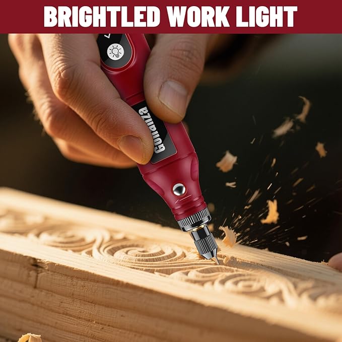 GONANZA Mini Cordless Rotary Tool Kit - 5-Speed, 3.7V Power Supply with LED Light 62 Accessories for Engraving, Sanding, Polishing, Type-C Rechargeable Perfect for DIY Crafts and Precision Work(Red)