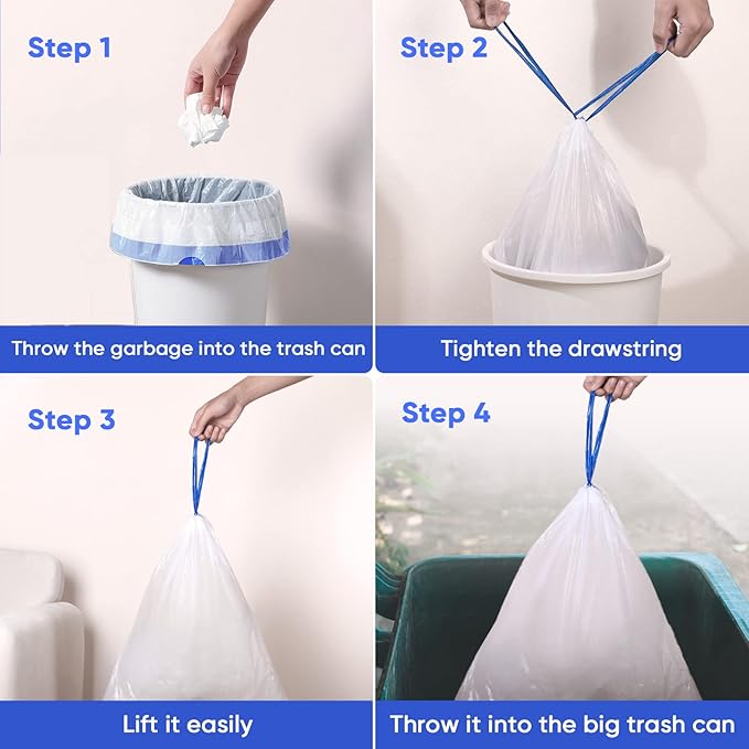 Trash Bags 6 Gallons Drawstring Garbage Bags 60 Count for Office, Living Room, Kitchen and Bathroom Trash Cans- Thickened, Stretchy, Unscented