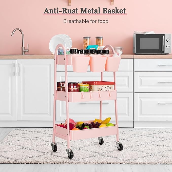 Danpinera 3-Tier Rolling Cart, Metal Storage Cart with Lockable Wheels, Hanging Cups & Hooks, Mobile Trolley for Kitchen, Bathroom, Office, Workshop, Pink