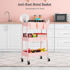 Danpinera 3-Tier Rolling Cart, Metal Storage Cart with Lockable Wheels, Hanging Cups & Hooks, Mobile Trolley for Kitchen, Bathroom, Office, Workshop, Pink