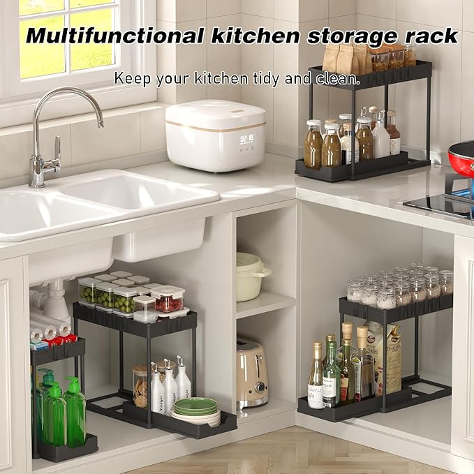 Under Sink Organizer 2 Pack,Bathroom Under Cabinet Storage with Pull Out Sliding Drawers for Kitchen Organization,12.8 Inch,Black