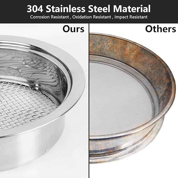 Stainless Steel Garden Sieve & Soil Sifter Tool - 9.5 Inch Stackable Sifting Pan with 3 Mesh Sizes (0.043"/0.133"/0.204") for Sand, Bonsai Soil - Includes Mini Shovels & Scoop (1 Pack)