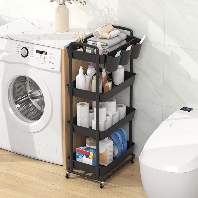 JIUYOTREE 4-Tier Plastic Rolling Storage Cart Utility Cart with Extra Hanging Cups Handles Lockable Wheels for Living Room Bathroom Kitchen Office Black