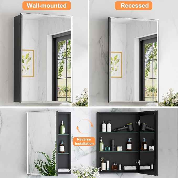 16x24 Inch Medicine Cabinet with Mirror, Aluminum Bathroom Mirror Cabinet, Beveled Edge Mirrored Single Door, Adjustable Shelves, Surface or Recessed Mount Mirrors with Storage, Black
