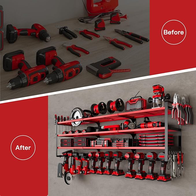 48" Large Power Tools Organizer Wall Mount,12 Drill Holder for Garage, Workshop Heavy Duty Storage Rack (Red)