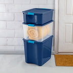Sterilite 18 Gal Latch and Carry, Stackable Storage Bin with Latching Lid, Plastic Container to Organize Closets, Clear with Blue Lid, 18-Pack