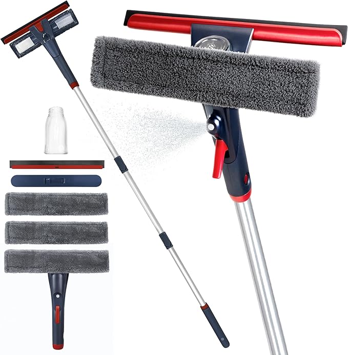 DSV Standard Window Squeegee with 2 Spray Triggers, Window Cleaning Kit with Extendable Pole 23’’- 76.7’’, Rubber Scraper and 3X Microfiber Clothes for 2 Story Houses, Shower, Glass, Mirror