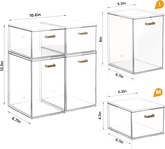 4 Pack Stackable Clear Acrylic Storage Drawers with Golden Handles, Plastic Drawer Organizers for Makeup, Kitchen, Bathroom, Office, Under Sink & Cabinet Organization