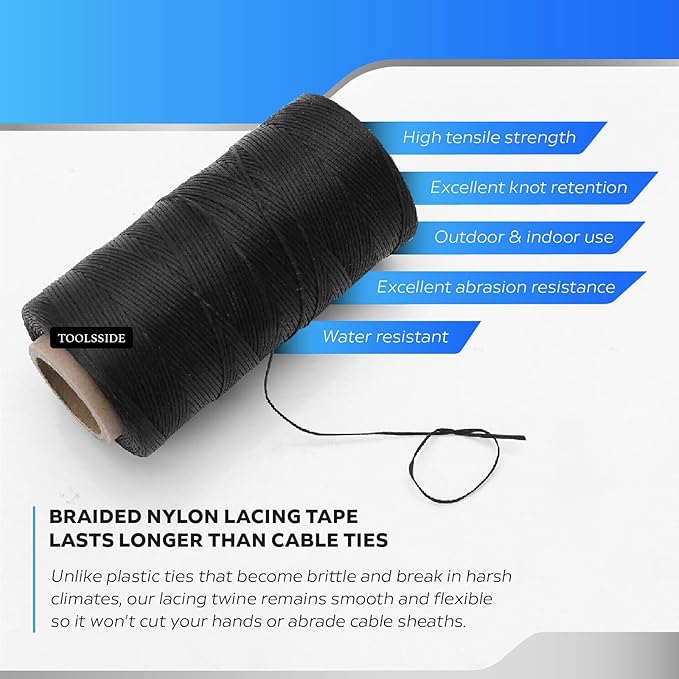 TOOLSSIDE 9-Ply Black 2mm Waxed Twine 1500 Feet/500 Yard Wax Lacing Cord Nylon (210D Polyester) - 160 LBS Tensile Strength Black Twine String for Crafts, 1-Roll