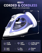 Cordless Iron for Clothes, 1550W 2-In-1 Cordless/Corded Steam Iron Rapid Heating, Ceramic Soleplate, 3-Way Auto-Off, Self-Cleaning, 12.85oz Water Tank Ironing Clothes for Home, Purple