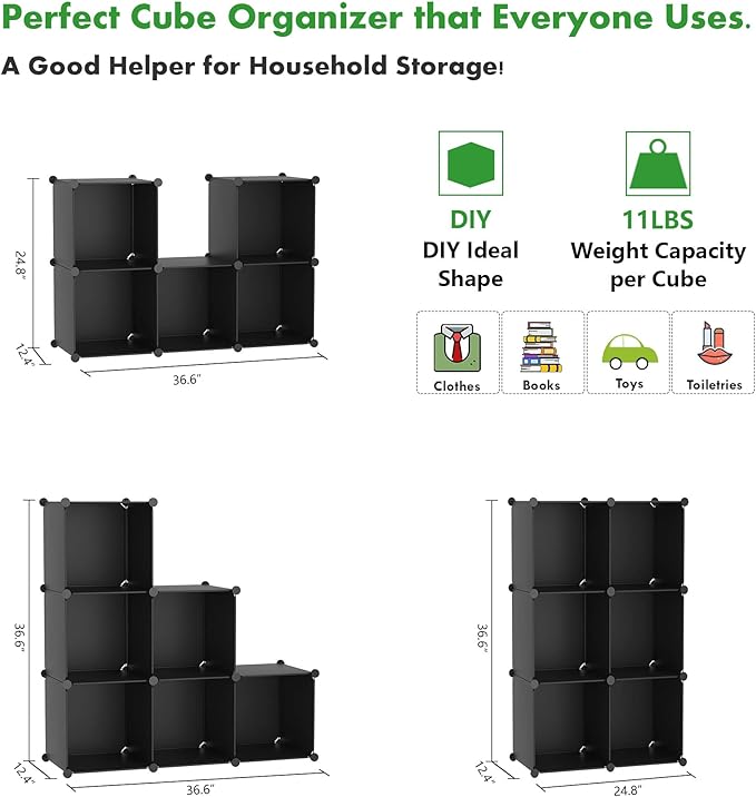 C&AHOME 6-Cube Storage Organizer, Stackable Storage Cubes Shelves, Portable Bookshelf, Plastic Clothing Storage Closet Organizer, DIY Modular Shelving Units for Wardrobe, Home, Black