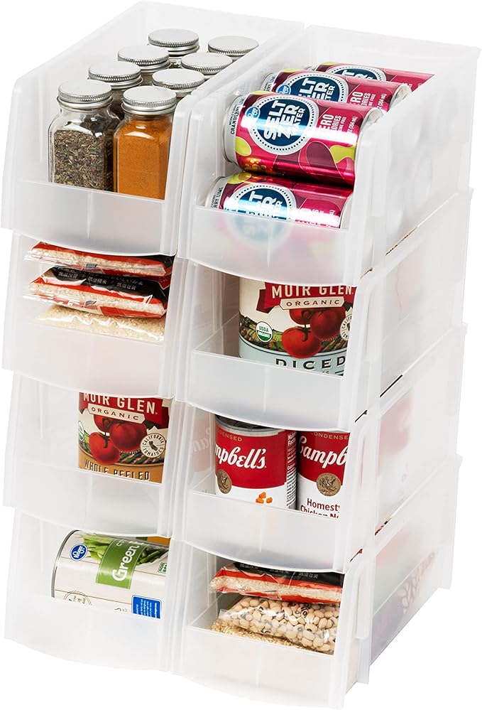 IRIS USA Clear Plastic Stackable Storage Bins, Medium - 8 Pack, Open Front Fridge Pantry Kitchen Closet Cabinet Bathroom Organizer Basket for Organizing Snack, Cans, Office Supplies, and Coffee Pods