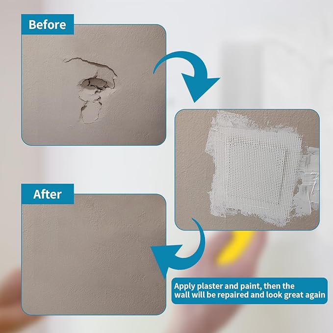 4 Pack Drywall Repair Self Adhesive Metal Mesh, 10" and 12" Large Wall Hole Patch Kit with Scraper and Sandpaper for Fixing Drywall, Plasterboard, Ceiling