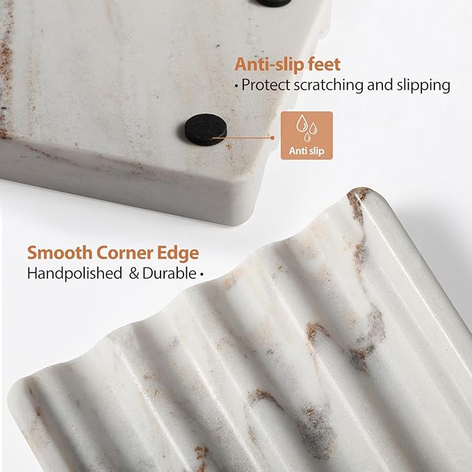 2PCS Koville Italian Natural Marble Soap Dish for Shower, Multi-Color Stone Soap Tray for Bathroom, Bar Soap Holder for Sink, Stripe Grooves Soap Saver Sponge Holder (White/Brown Random)