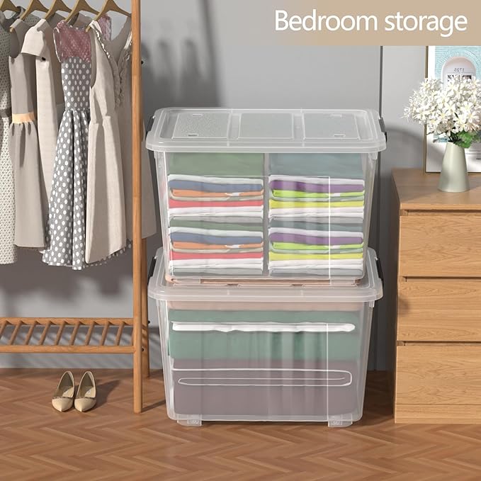 Zopnny 4-Pack Storage Box, 70 Quart Storage Container with Lids and Secure Latching Buckles, Plastic Wheeled Storage Bin Stackable and Nestable, Ideal for Home and Industrial Storage