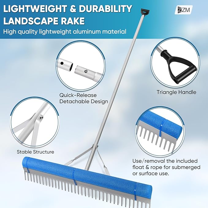 Floating Weed Lake Rake, 36" Aluminum Landscape Rake with Adjustable Handle, 33FT Rope & Float, Weed & Algae Removal of Leaves, Floating Scum, Multifunctional Detachable Aquatic Weed Rake with Gloves