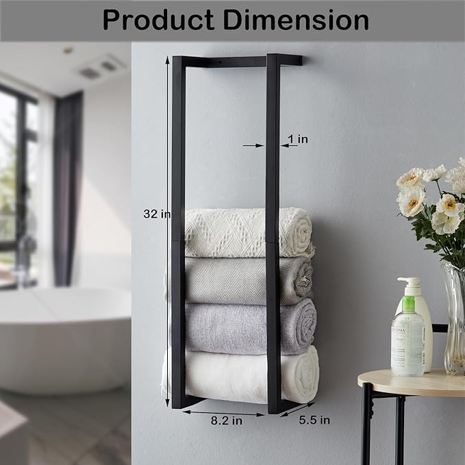 Towel Rack for Rolled Towels, Towel Rack for Bathroom,Wall Mounted Metal Bathroom Organizer, Bath Towel Holder Wall for Modern Small Space Bathroom Towel Storage (Black)