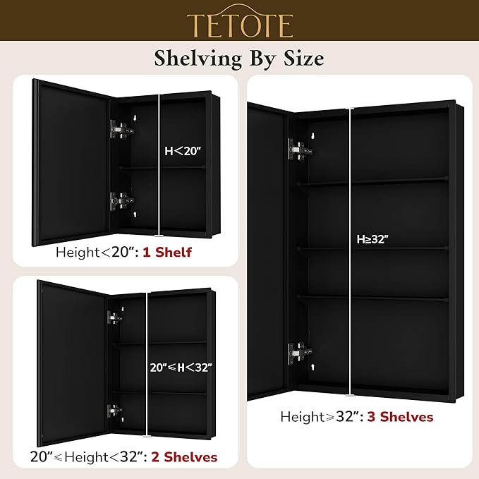 TETOTE 20 x 26 Bathroom Vanity Mirror Cabinet with Tempered Beveled Mirror Black Medicine Cabinet Aluminum Cabinet DTC Hinges, Stepless Adjustable Shelves, Recessed/Surface-Mounted
