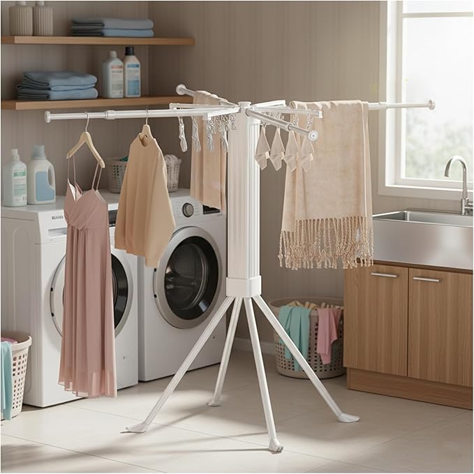 Clothing Drying Racks Folding Laundry Clothing Rack with 16 Clips Retractable Clothes Drying Rack Collapsible Towel Rack Drying Rack for Indoor, RV, Dorm, Yard, Camping, Outdoor