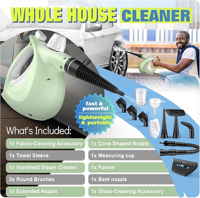 Steam Cleaner, Powerful Pressurized Handheld Steam Cleaner for Home with 11pcs Set, Chemical-Free Multi-Surface Steamer for Effective Cleaning Tile, Grout, Windows, Bathrooms, Kitchens, Upholstery,Car