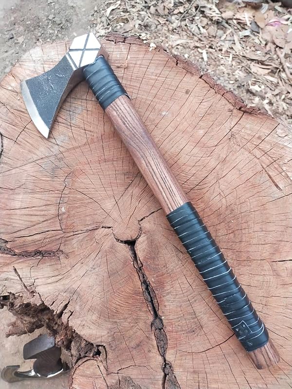 Kacha Store | custom handmade Viking medieval Axe with Viking gift,Hand Axe,Viking Gifts for Men,Camping Tomahawk,Bearded,Valhalla Axe with Leather Sheath (Battle axe) (Valhalla)