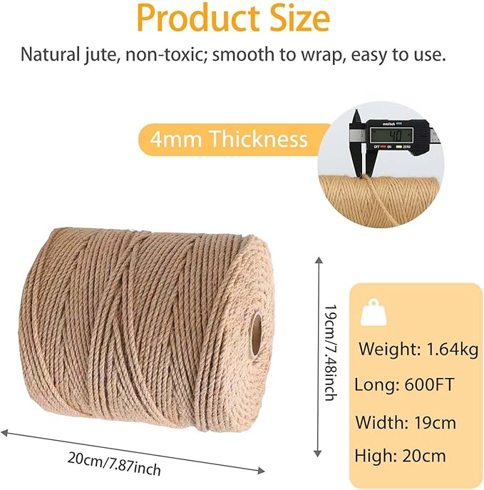 4mm 600 Feet Thick Jute Twine Rope – Heavy Duty Twine for Crafts, Burlap Decorative Rope, Jute Ropes for Crafts, Rope for Hanging Plants, Cat Tree DIY Projects