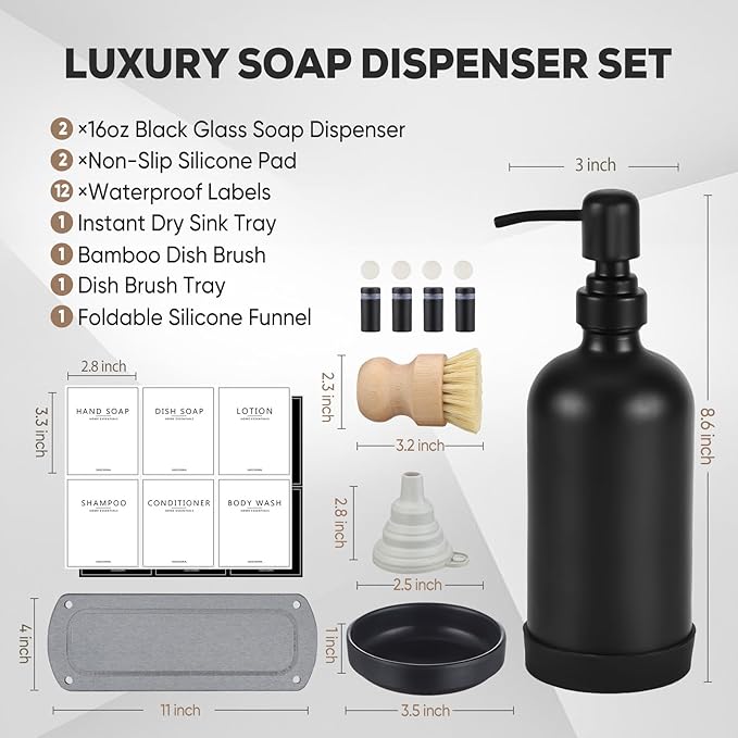 Kitchen Soap Dispenser Set with Instant Dry Tray,16 Oz Hand and Dish Soap Black Glass Dispenser Set,Stainless Steel Pump,Waterproof Labels&Dish Brush,Luxury Soap Bottle for Kitchen,Bathroom
