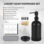 Kitchen Soap Dispenser Set with Instant Dry Tray,16 Oz Hand and Dish Soap Black Glass Dispenser Set,Stainless Steel Pump,Waterproof Labels&Dish Brush,Luxury Soap Bottle for Kitchen,Bathroom