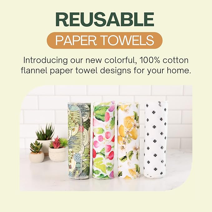 Reusable Paper Towels (12"x10”) - Soft Absorbent 100% Cloth Paper Towels- Washable Paper Towels Rolls w/Cardboard Roll-Reusable Napkins Washable- Dish Cloths (Vintage Lemons, 12x10inch)